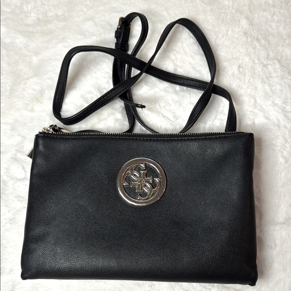 Guess Black w/ Gold Accents Crossbody 3 Compartment Purse- 10”x7”x2”